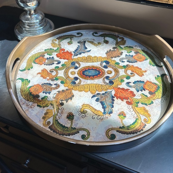 Novica Reverse Painted 15.75” Gold Floral Motifs Heaven Serving‎ Tray w/ Handles - Picture 4 of 4